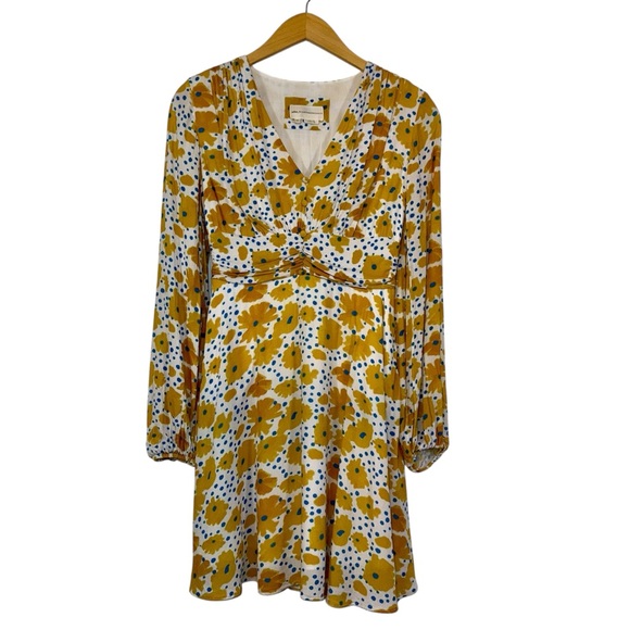 Vera For Anthropologie Buttercup Cheerful Floral Print Mini Dress Sz XS Yellow - Picture 2 of 13